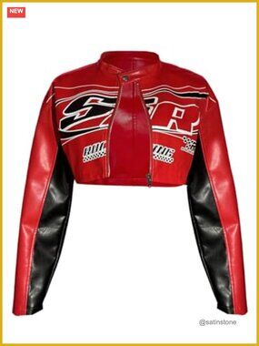 Y2K Motorcycle Zip Up Crop Bomber Jacket Letter Graphic Color Block